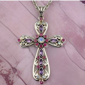 ✝️NICKY BUTLER 925 Sterling Silver Rainbow Moonstone Amethyst Cross Necklace NEW